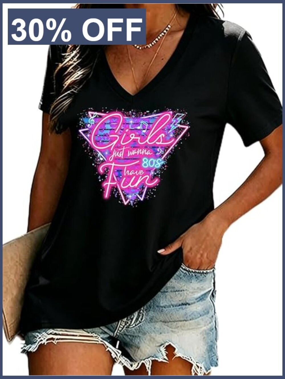 V Neck 80s Themed Disco Top Vintage Neon Graphic Tee Retro Party Shirt